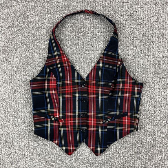 H&M Vest Womens 8 Red Tartan Plaid Halter Button Lined Academia Preppy Holiday - Picture 1 of 8